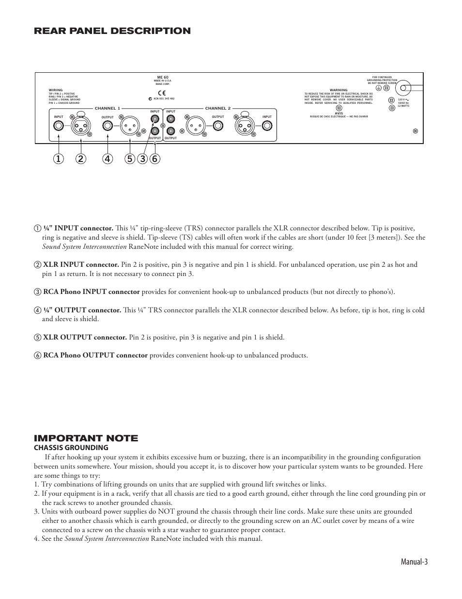 Manual-3 rear panel description | Rane ME 60 2003 version User Manual | Page 5 / 6