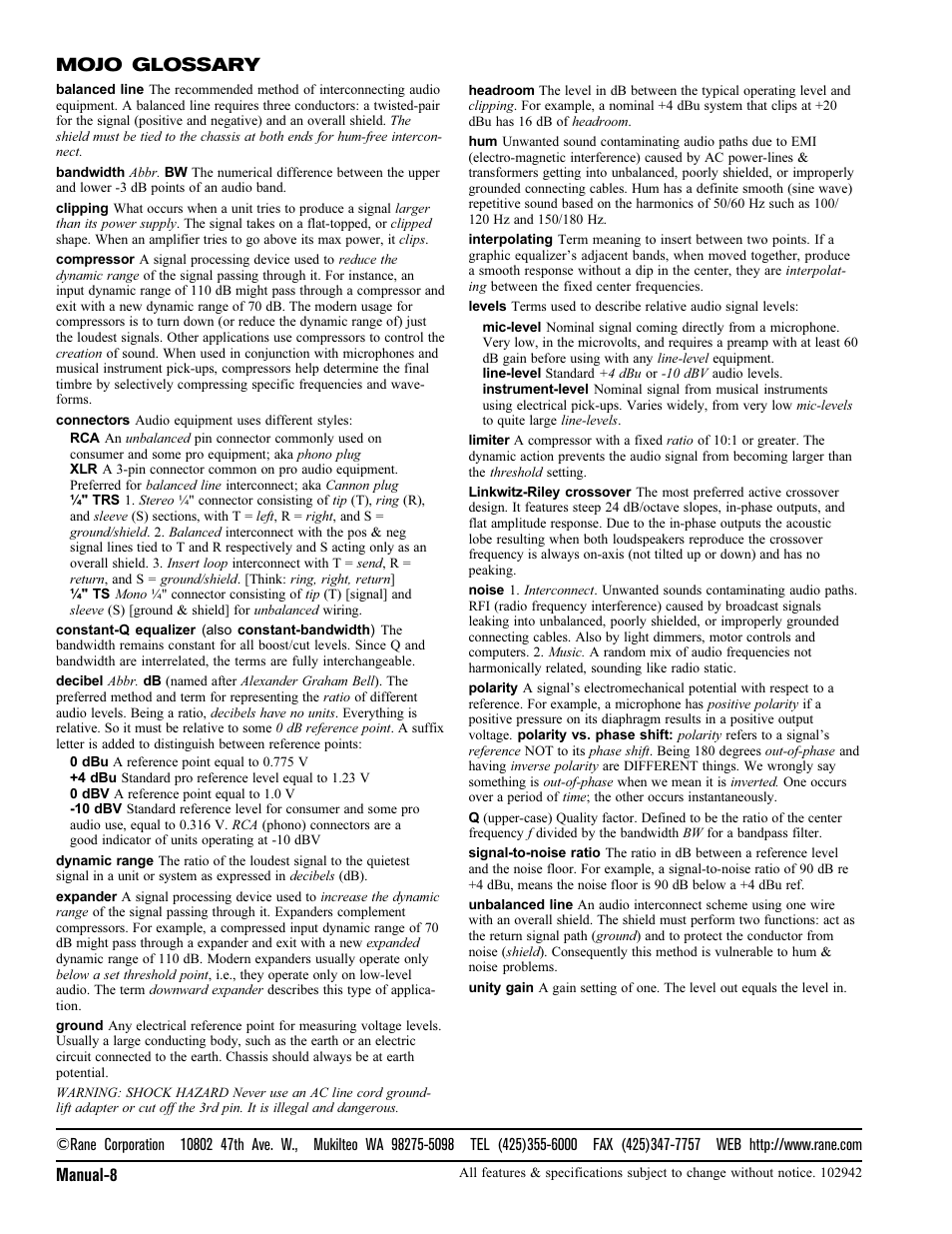 Manual-8, Mojo glossary | Rane MH 4 User Manual | Page 8 / 8