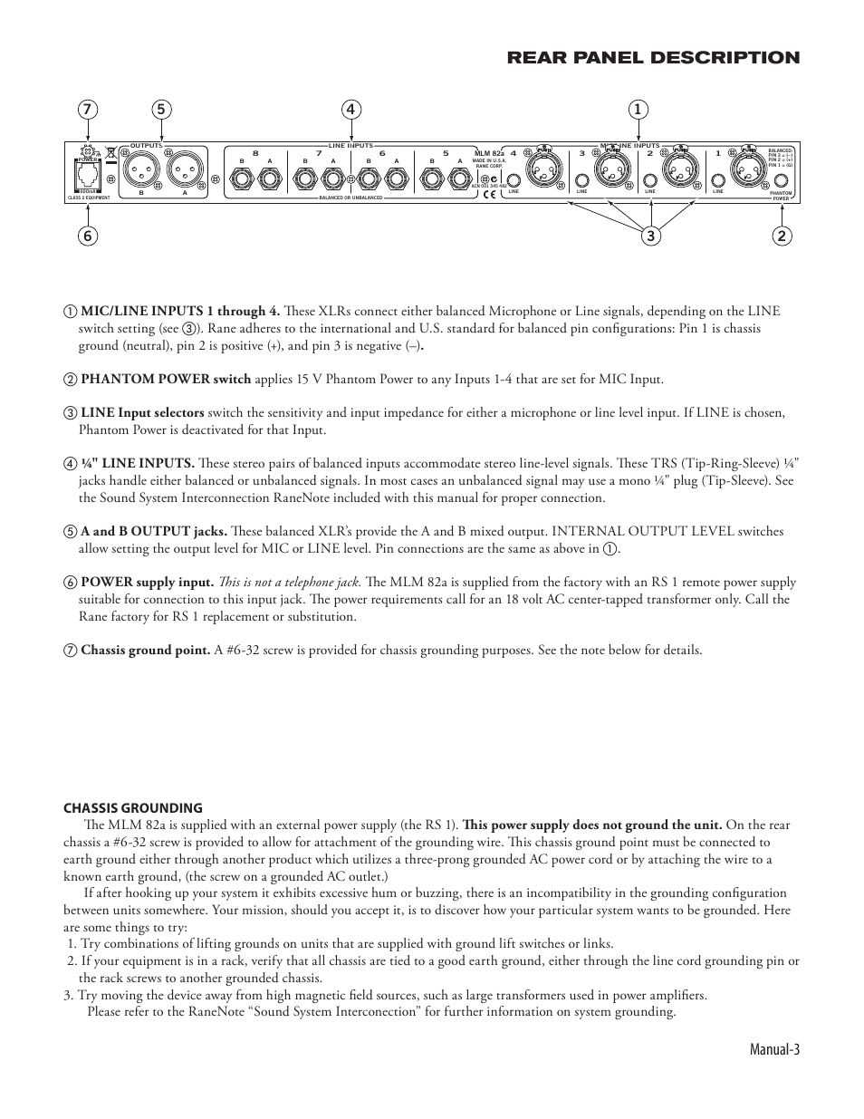 Manual- rear panel description | Rane MLM 82a 2003 version User Manual | Page 3 / 4