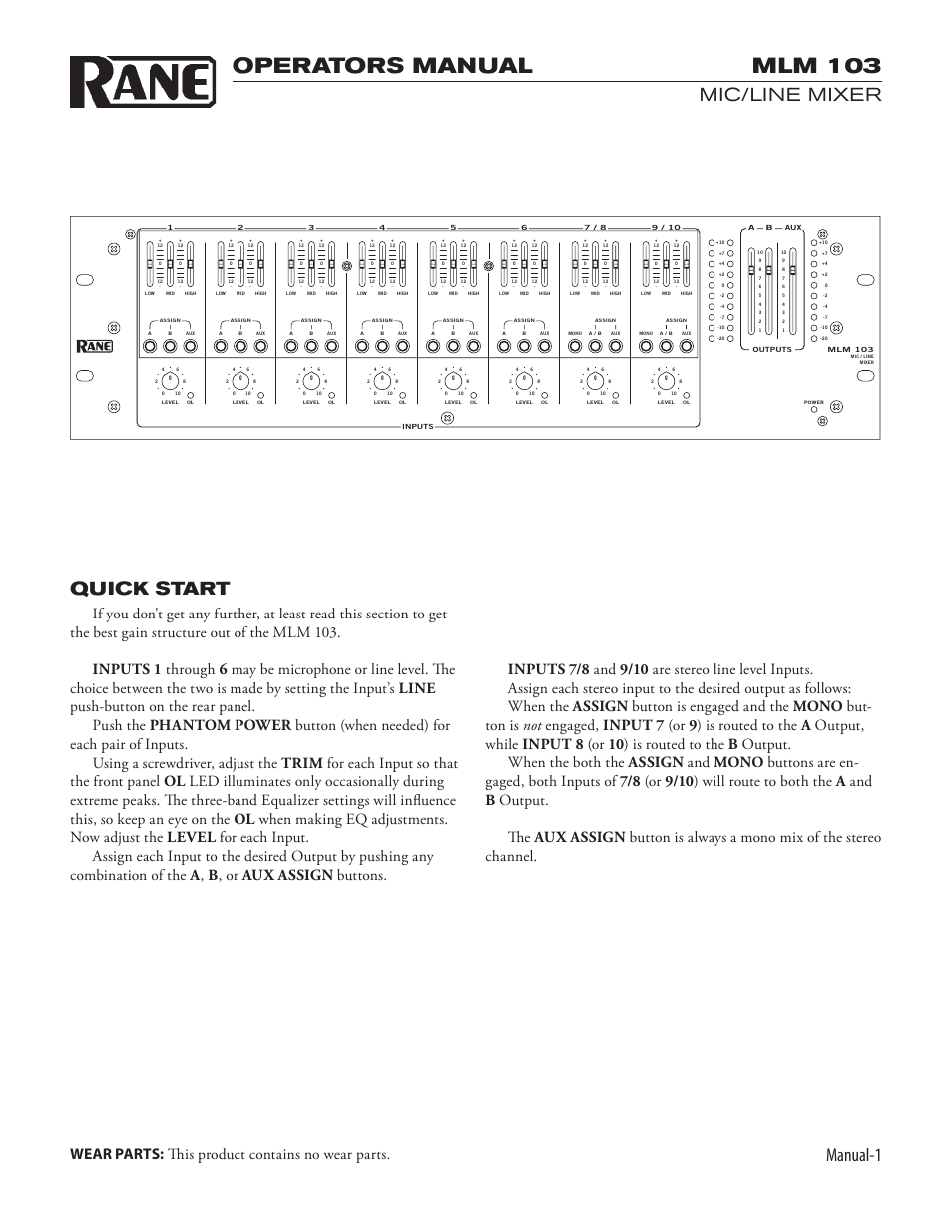 Mlm 103, Operators manual, Manual | Mic/line mixer, Quick start, Wear parts: this product contains no wear parts | Rane MLM 103 2005 version User Manual | Page 3 / 6