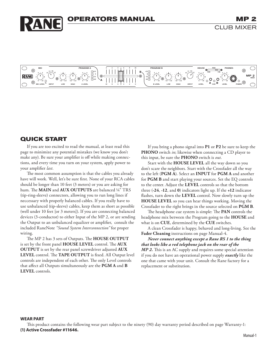 Mp2man.pdf, Operators manual mp 2, Club mixer quick start | Manual | Rane MP 2 2003 version User Manual | Page 3 / 6