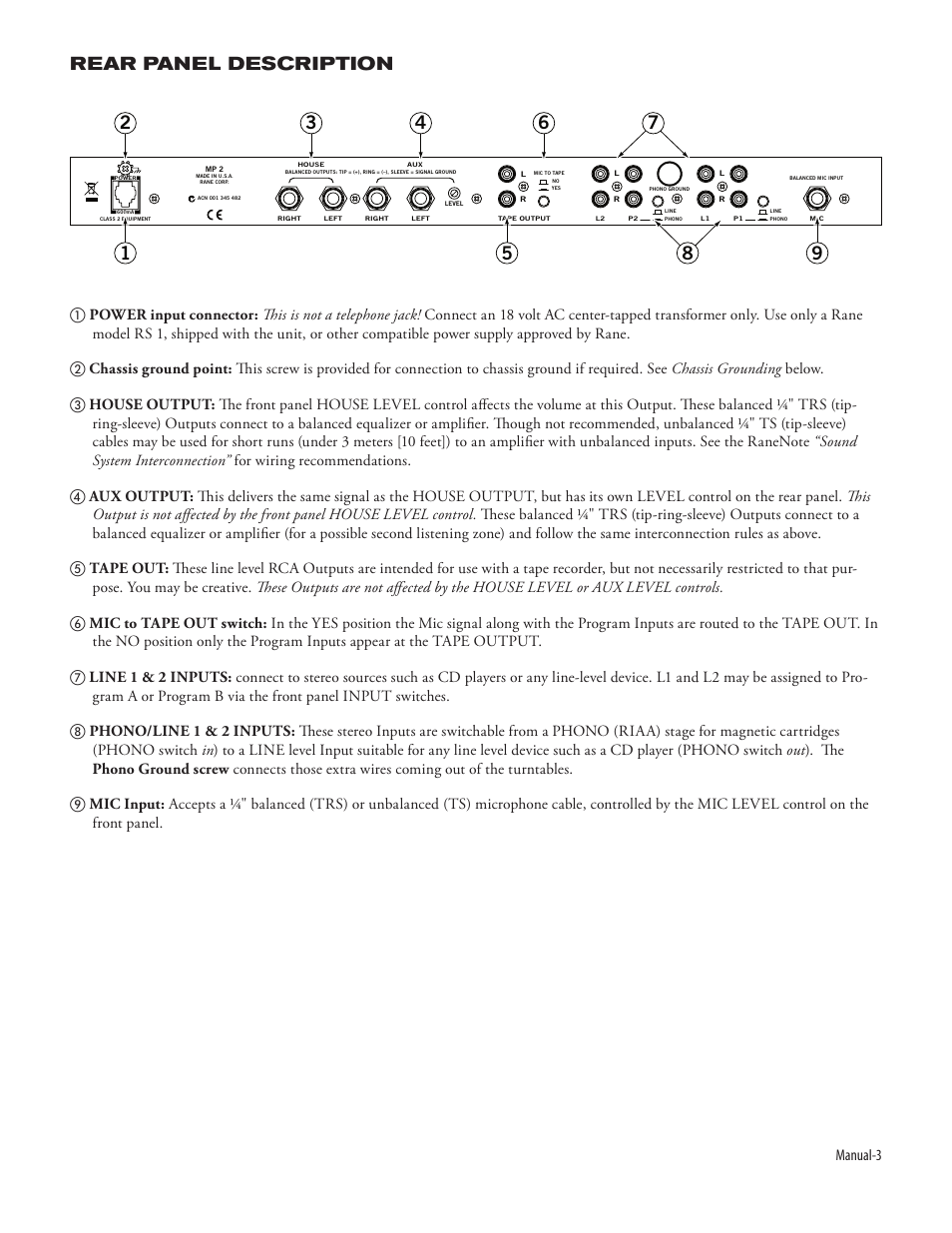 Rear panel description, Manual | Rane MP 2 2003 version User Manual | Page 5 / 6