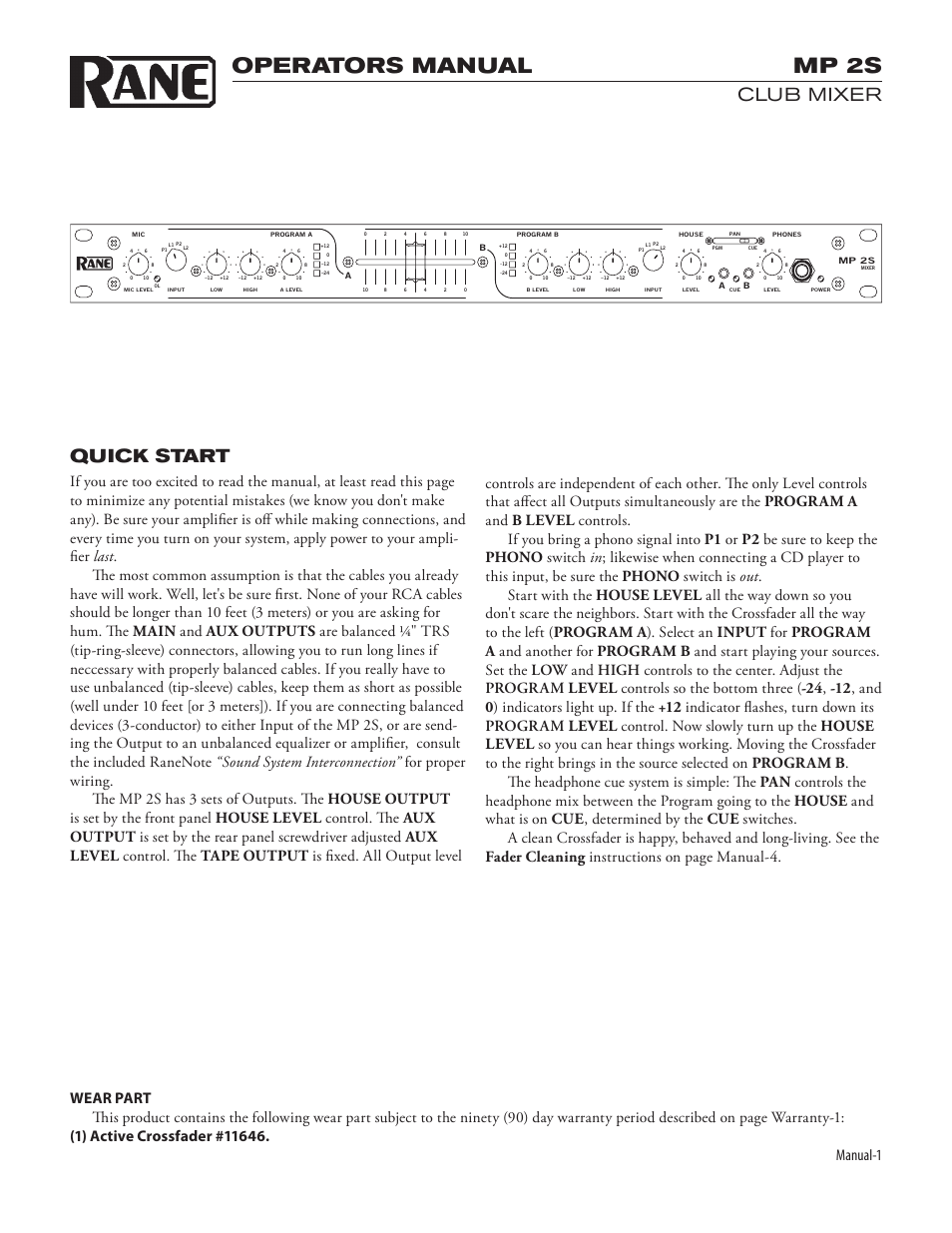 Operators manual mp 2s, Club mixer quick start, Manual | Rane MP 2S User Manual | Page 3 / 6