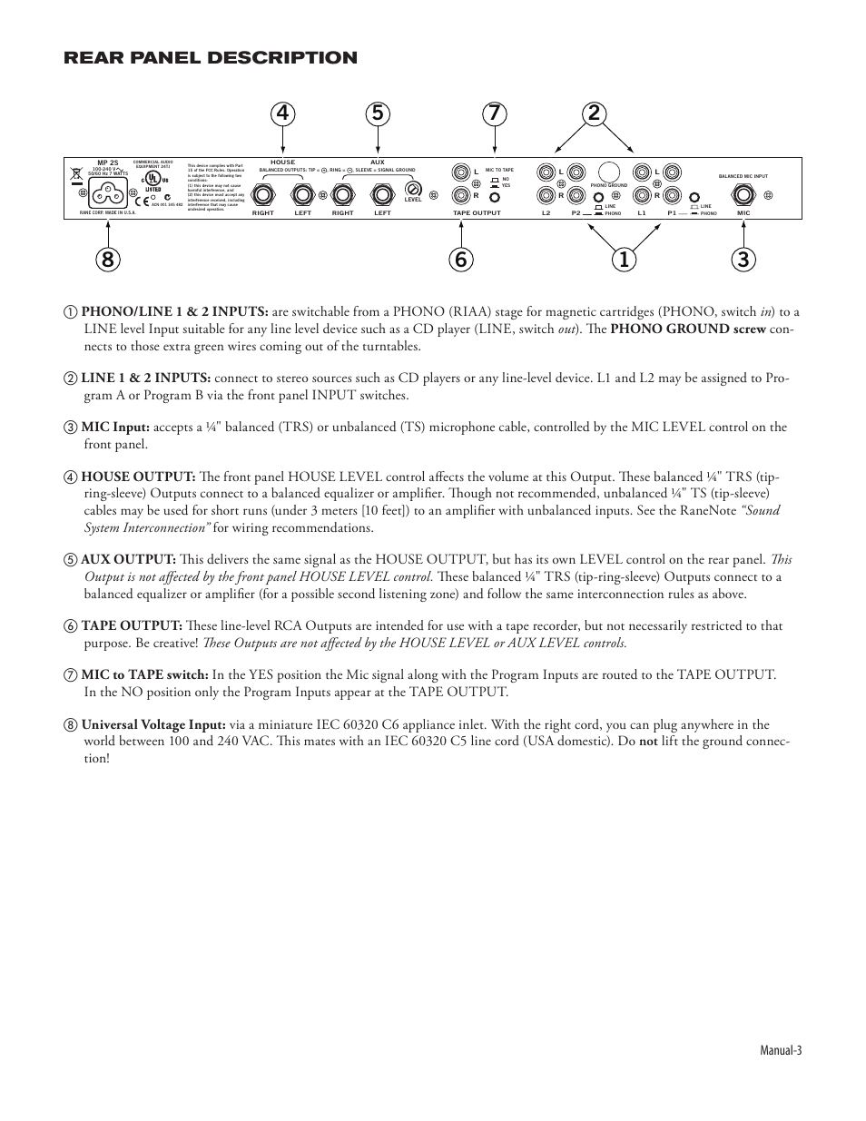 Rear panel description, Manual | Rane MP 2S User Manual | Page 5 / 6