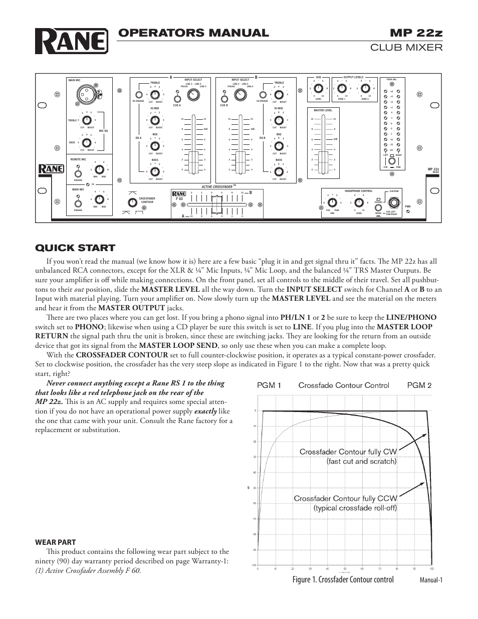 Mp22zman.pdf, Operators manual mp 22z, Club mixer quick start | Figure 1. crossfader contour control, Manual-1 | Rane MP 22z User Manual | Page 3 / 8