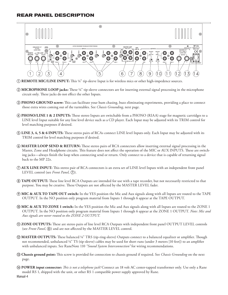 Rear panel description, Manual-4 | Rane MP 22z User Manual | Page 6 / 8