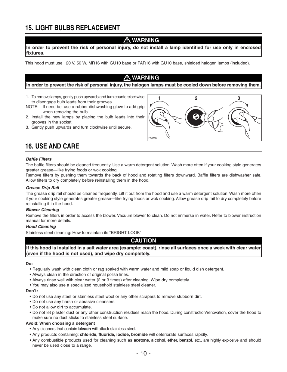 Use and care, Light bulbs replacement | Broan BEST WPD29M User Manual | Page 10 / 36