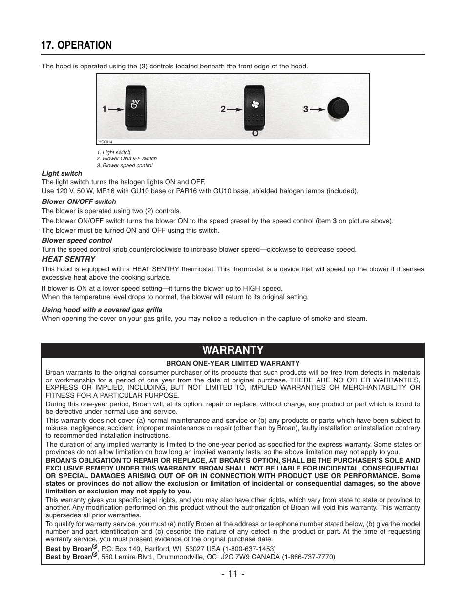 Operation, Warranty | Broan BEST WPD29M User Manual | Page 11 / 36