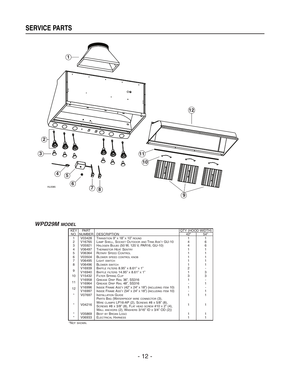 Service parts, Wpd29m, Model | Broan BEST WPD29M User Manual | Page 12 / 36