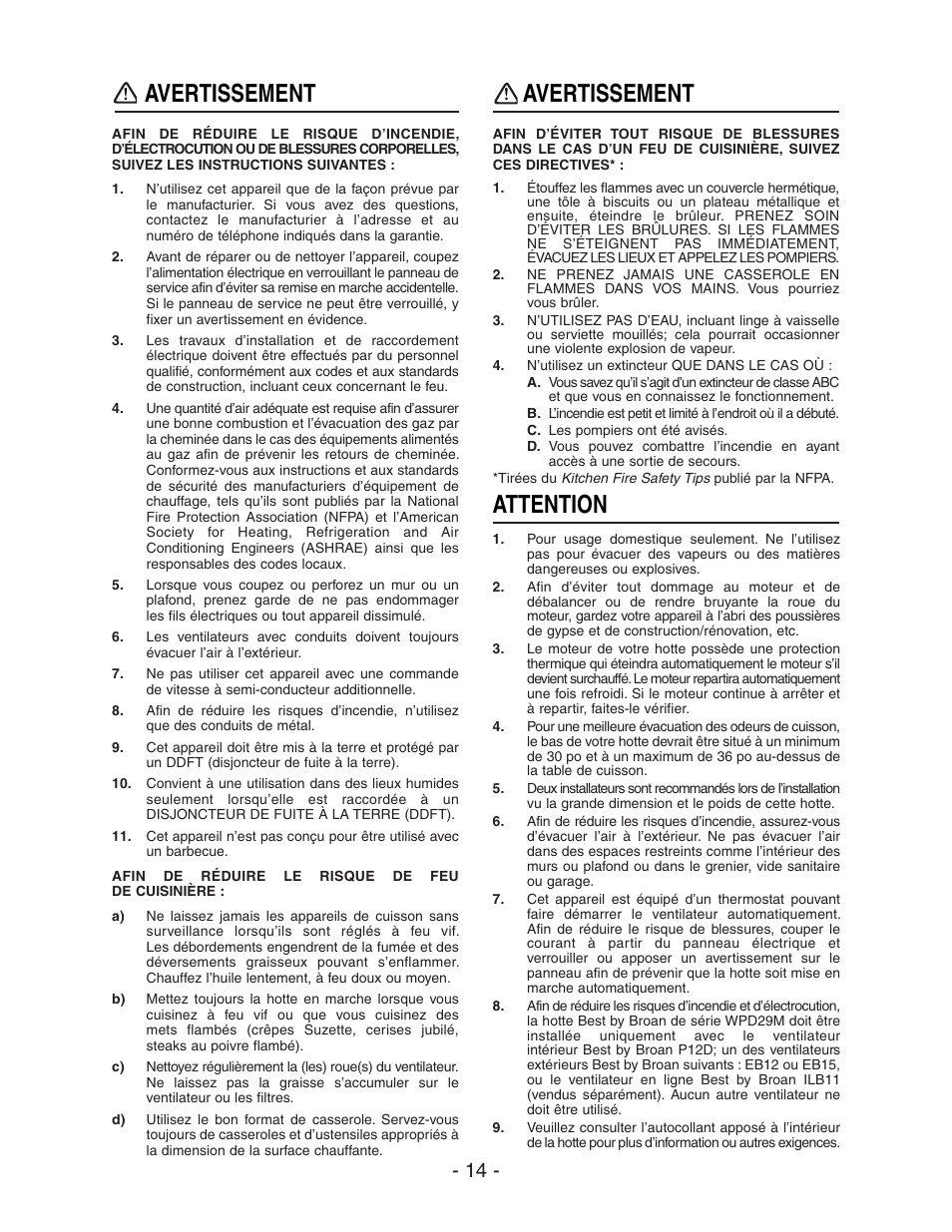 Avertissement, Attention | Broan BEST WPD29M User Manual | Page 14 / 36
