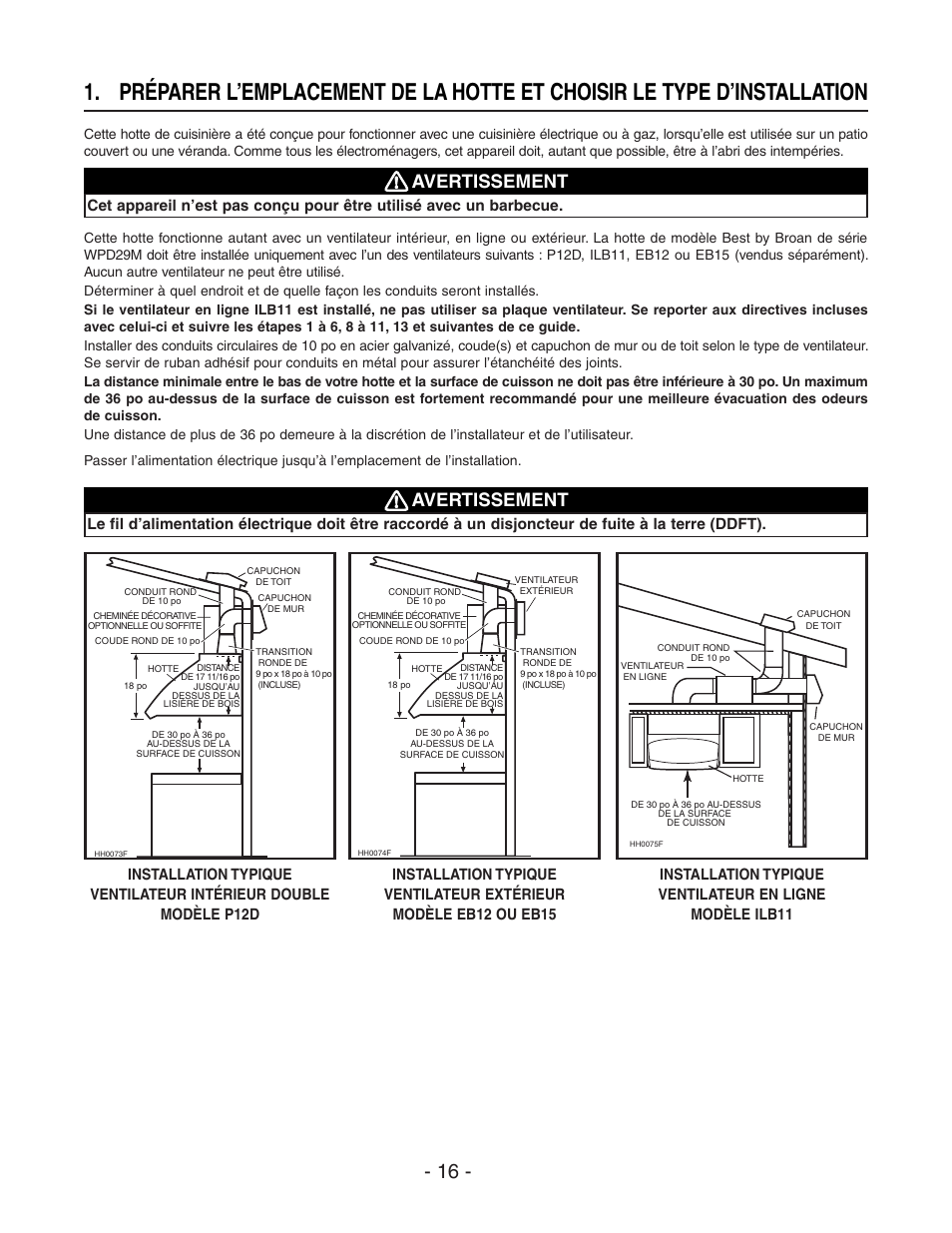 Avertissement | Broan BEST WPD29M User Manual | Page 16 / 36