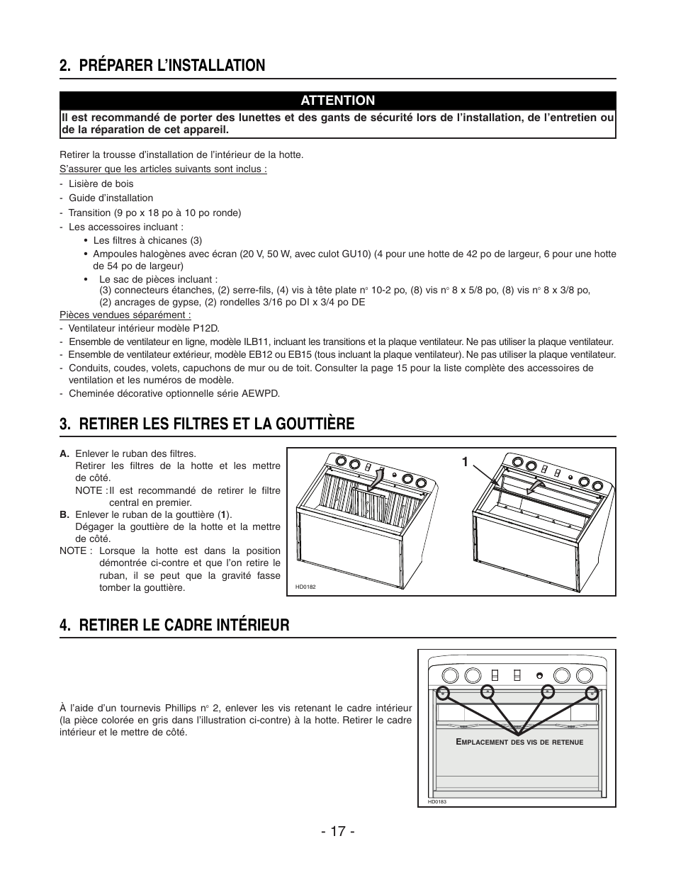 Préparer l’installation, Retirer les filtres et la gouttière, Retirer le cadre intérieur | Attention | Broan BEST WPD29M User Manual | Page 17 / 36