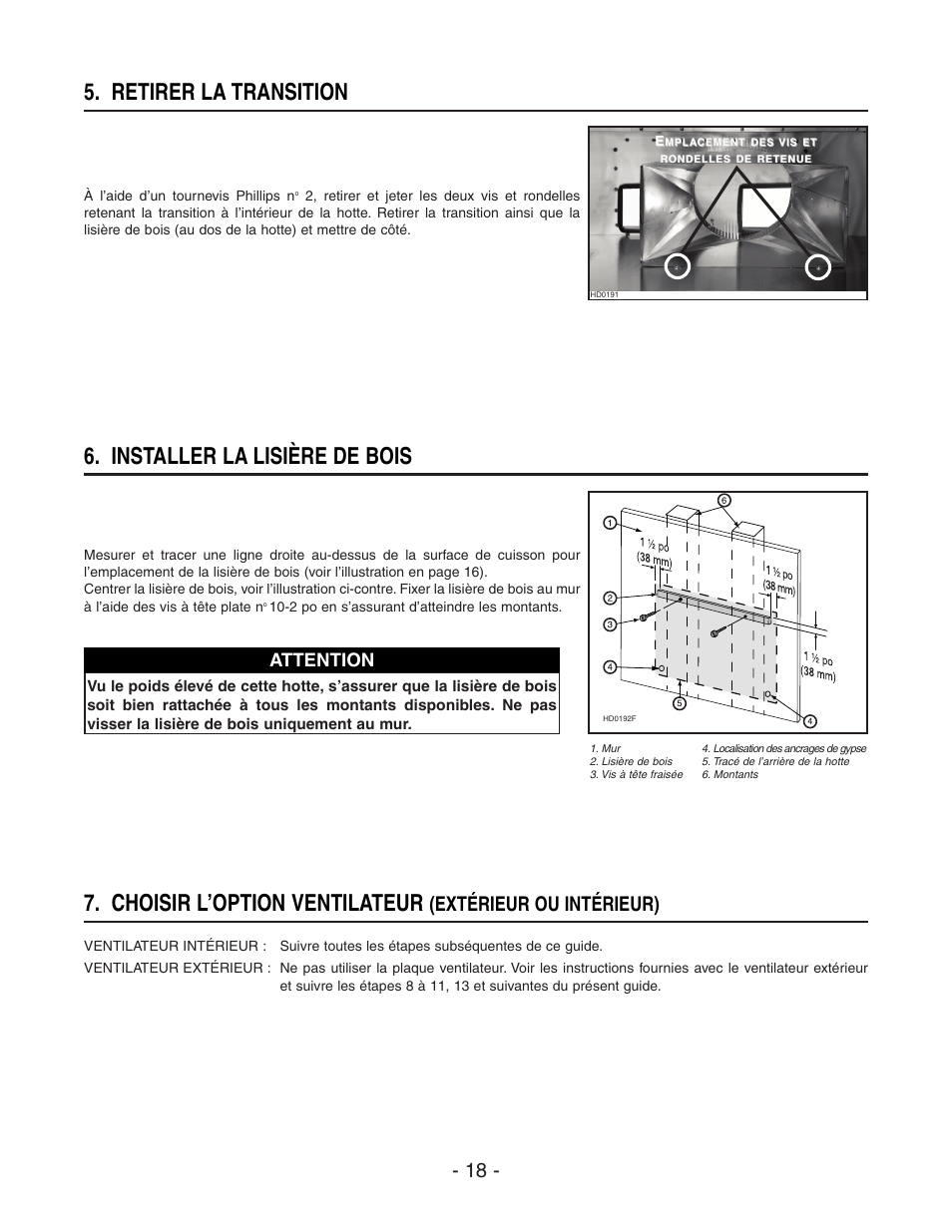 Installer la lisière de bois, Choisir l’option ventilateur, Retirer la transition | Extérieur ou intérieur), Attention | Broan BEST WPD29M User Manual | Page 18 / 36
