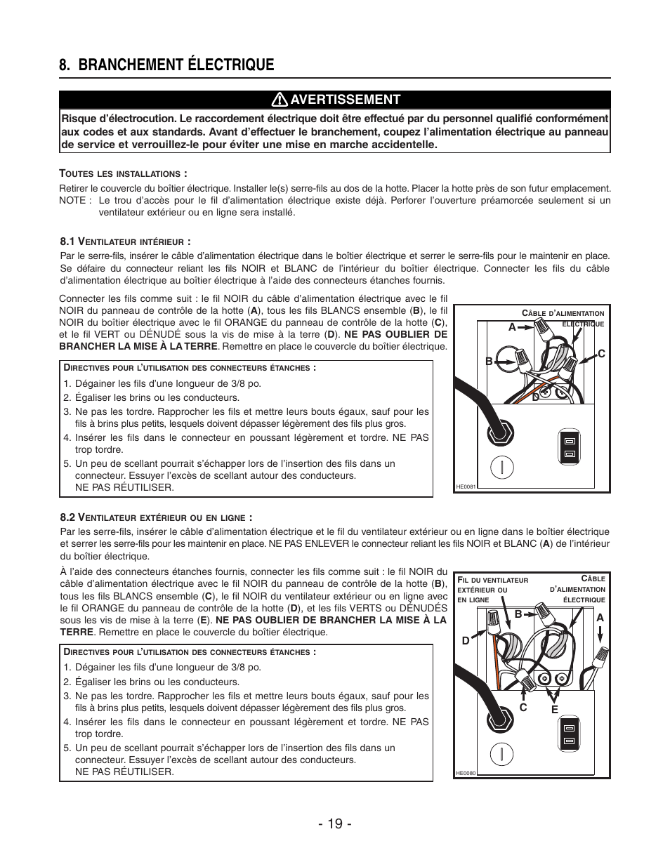 Branchement électrique, Avertissement | Broan BEST WPD29M User Manual | Page 19 / 36