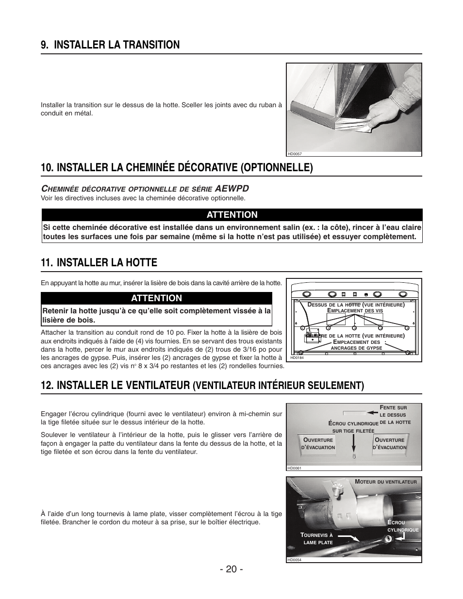 Installer le ventilateur, Installer la hotte, Installer la transition | Installer la cheminée décorative (optionnelle), Ventilateur intérieur seulement), Aewpd, Attention | Broan BEST WPD29M User Manual | Page 20 / 36