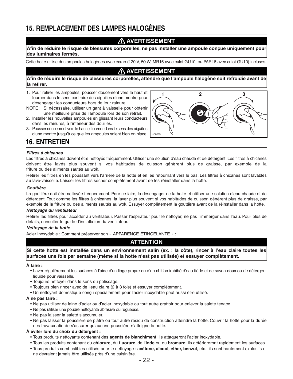 Remplacement des lampes halogènes, Entretien | Broan BEST WPD29M User Manual | Page 22 / 36