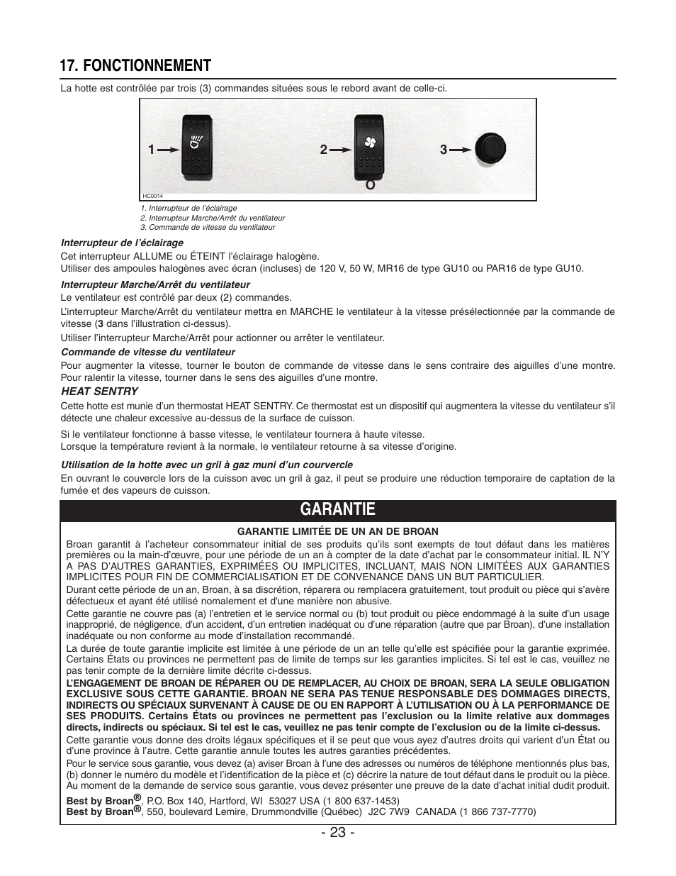 Garantie, Fonctionnement | Broan BEST WPD29M User Manual | Page 23 / 36