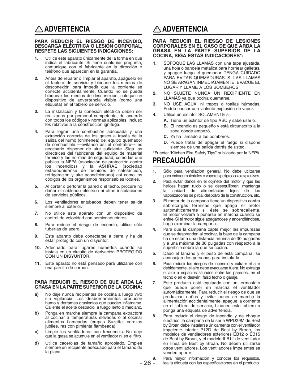 Advertencia, Precaución | Broan BEST WPD29M User Manual | Page 26 / 36