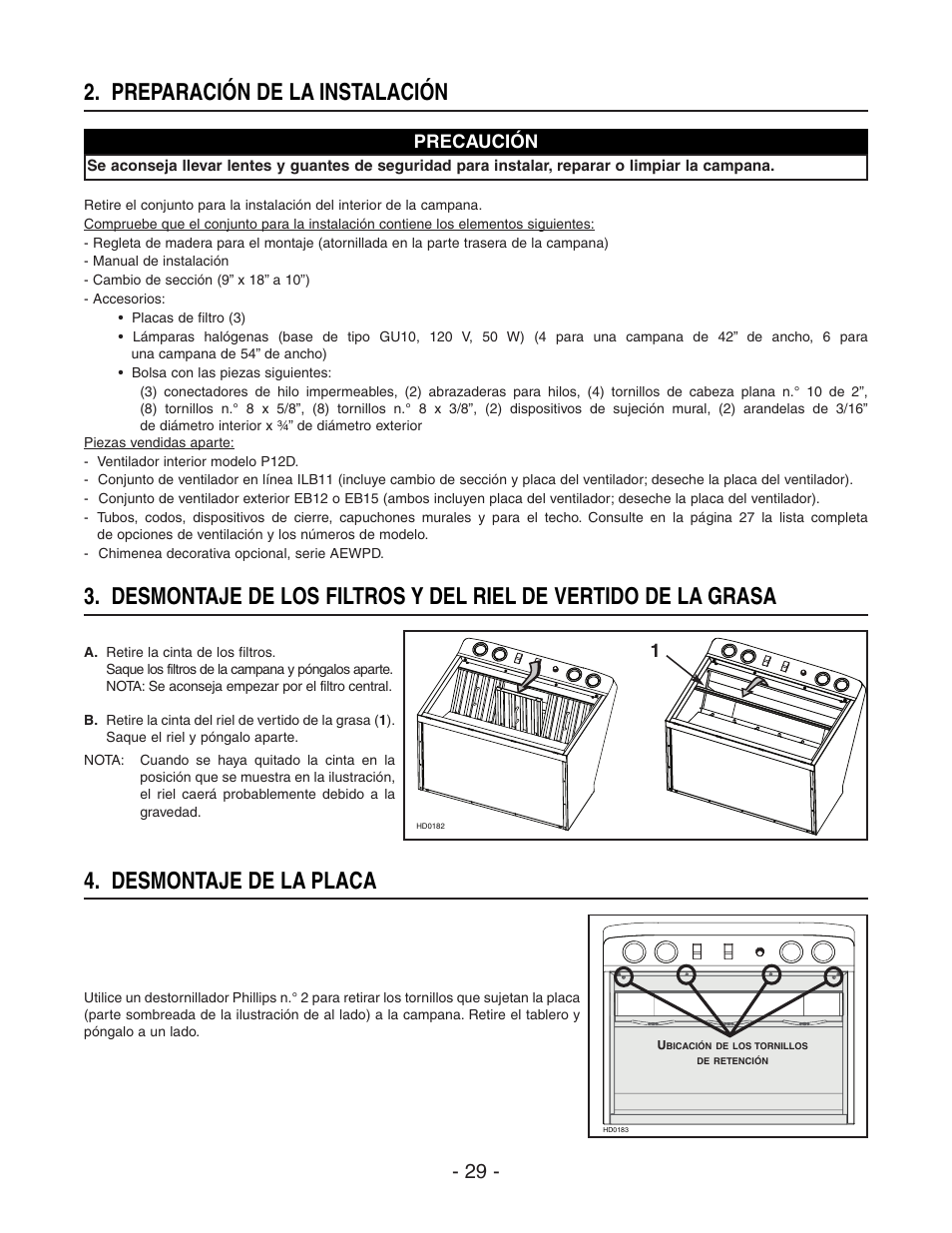 Preparación de la instalación, Desmontaje de la placa | Broan BEST WPD29M User Manual | Page 29 / 36