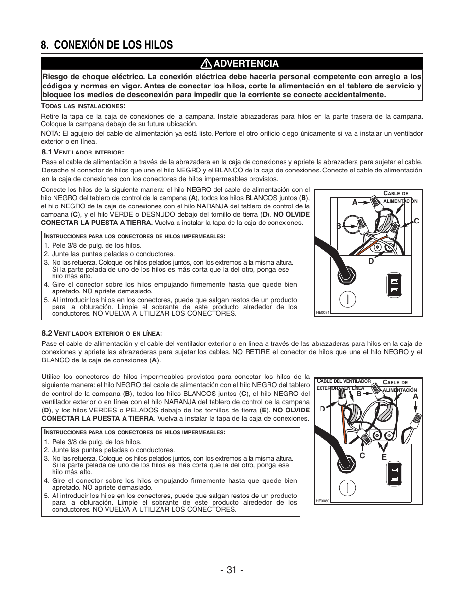 Conexión de los hilos, Advertencia | Broan BEST WPD29M User Manual | Page 31 / 36