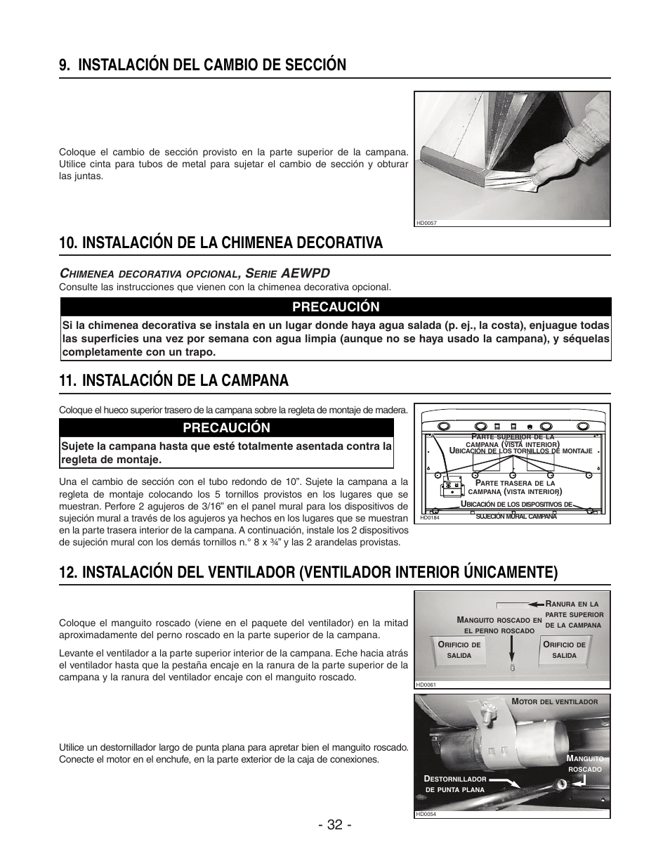 Instalación de la campana, Instalación del cambio de sección, Instalación de la chimenea decorativa | Aewpd, Precaución | Broan BEST WPD29M User Manual | Page 32 / 36