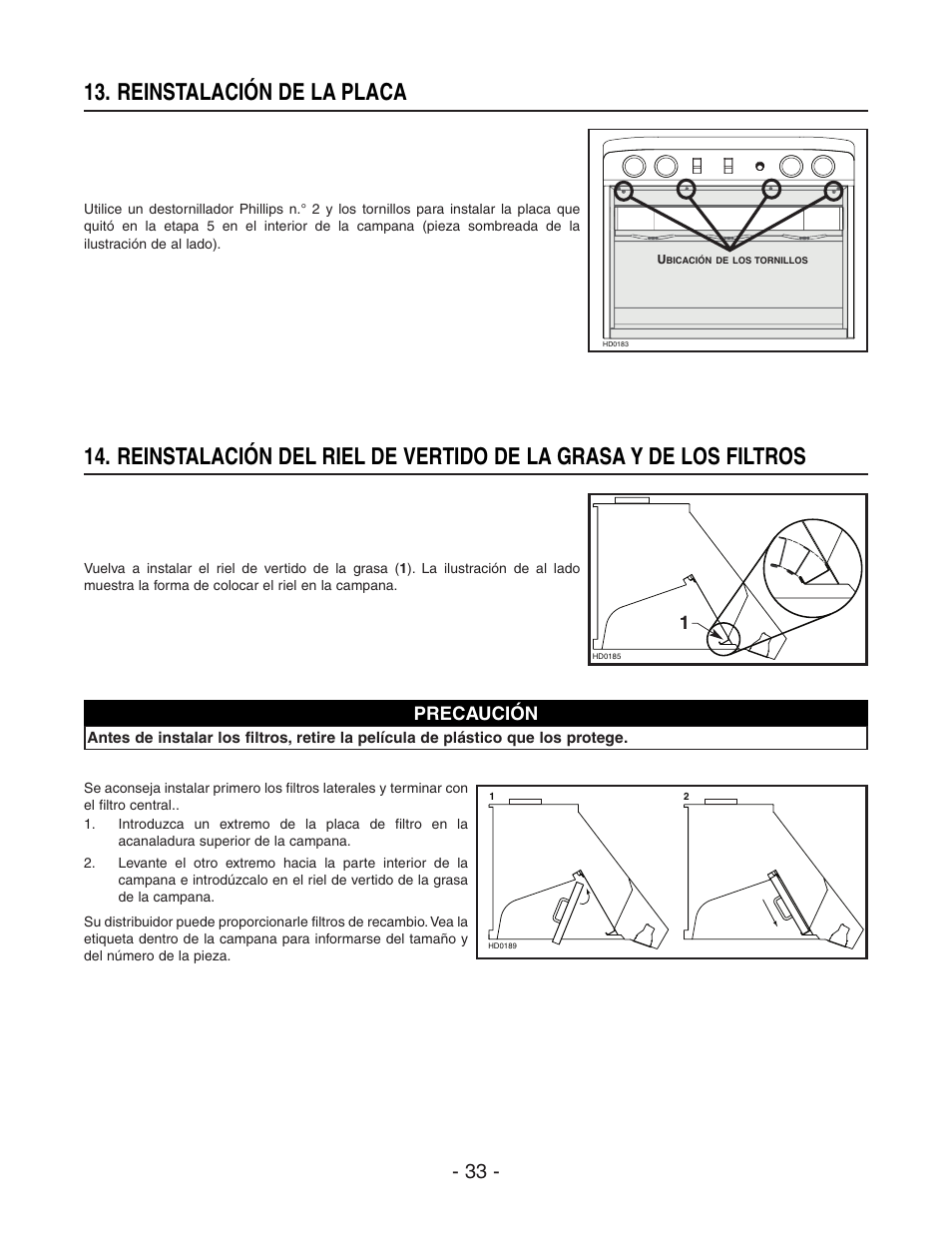 Reinstalación de la placa, Precaución | Broan BEST WPD29M User Manual | Page 33 / 36