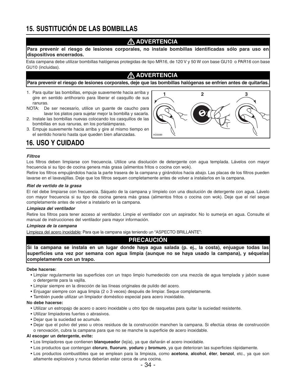 Uso y cuidado, Sustitución de las bombillas | Broan BEST WPD29M User Manual | Page 34 / 36