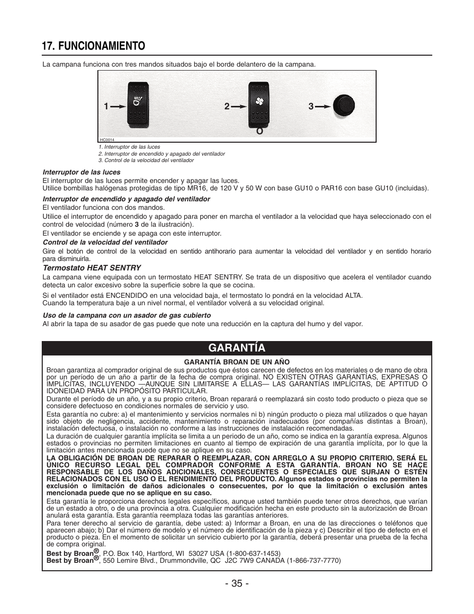 Funcionamiento, Garantía | Broan BEST WPD29M User Manual | Page 35 / 36