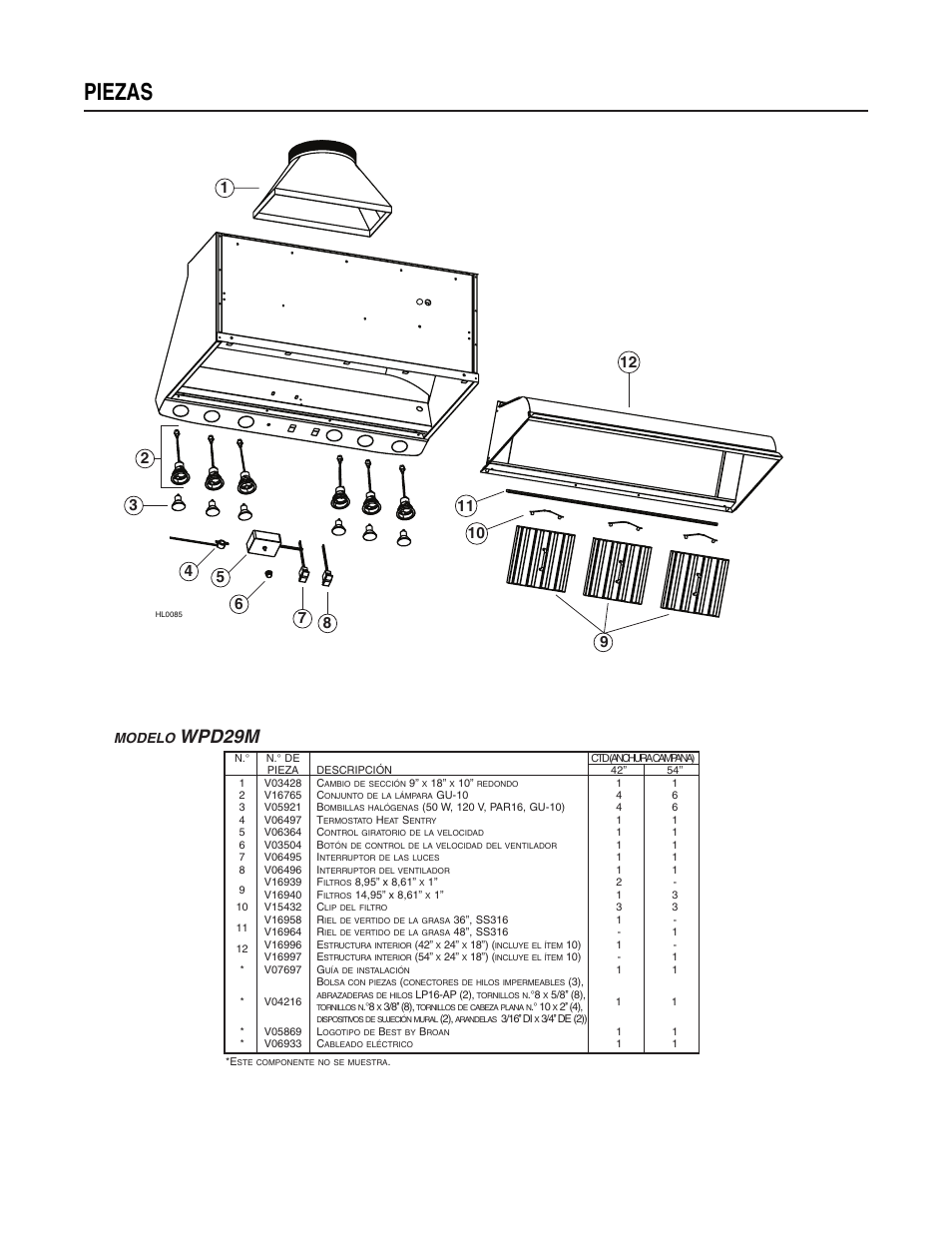 Piezas, Wpd29m, Modelo | Broan BEST WPD29M User Manual | Page 36 / 36