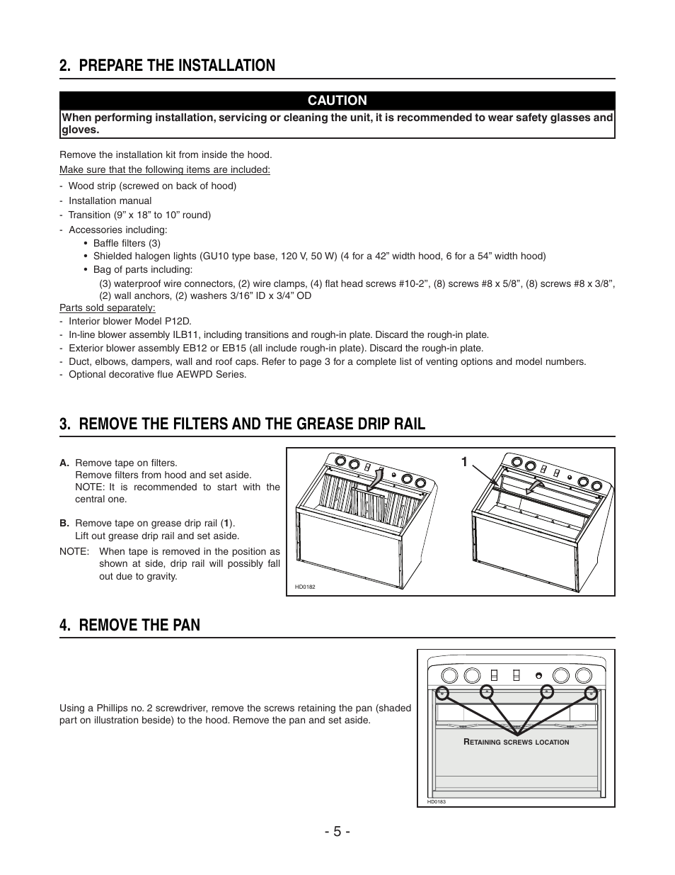 Prepare the installation, Remove the filters and the grease drip rail, Remove the pan | Broan BEST WPD29M User Manual | Page 5 / 36