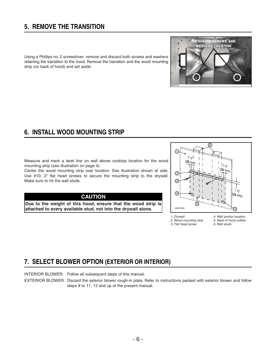 Install wood mounting strip, Select blower option, Remove the transition | Exterior or interior), Caution | Broan BEST WPD29M User Manual | Page 6 / 36