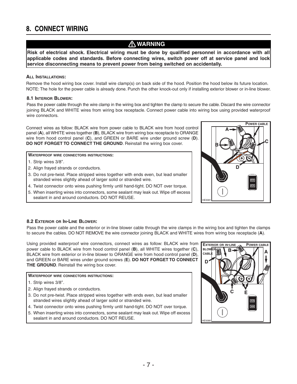 Connect wiring, Warning | Broan BEST WPD29M User Manual | Page 7 / 36