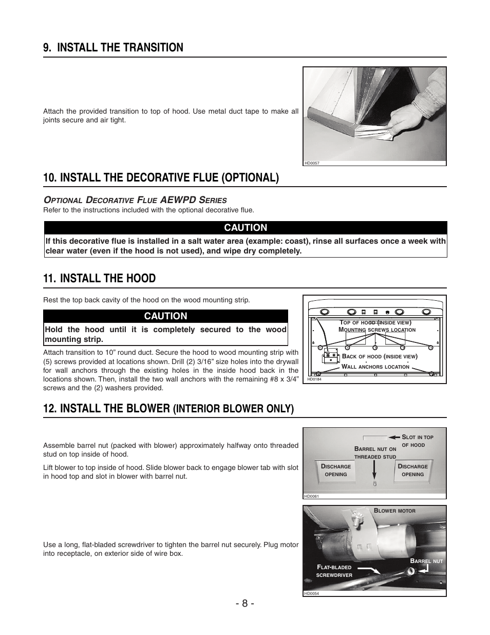 Install the blower, Install the hood, Install the transition | Install the decorative flue (optional), Interior blower only), Aewpd s, Caution | Broan BEST WPD29M User Manual | Page 8 / 36