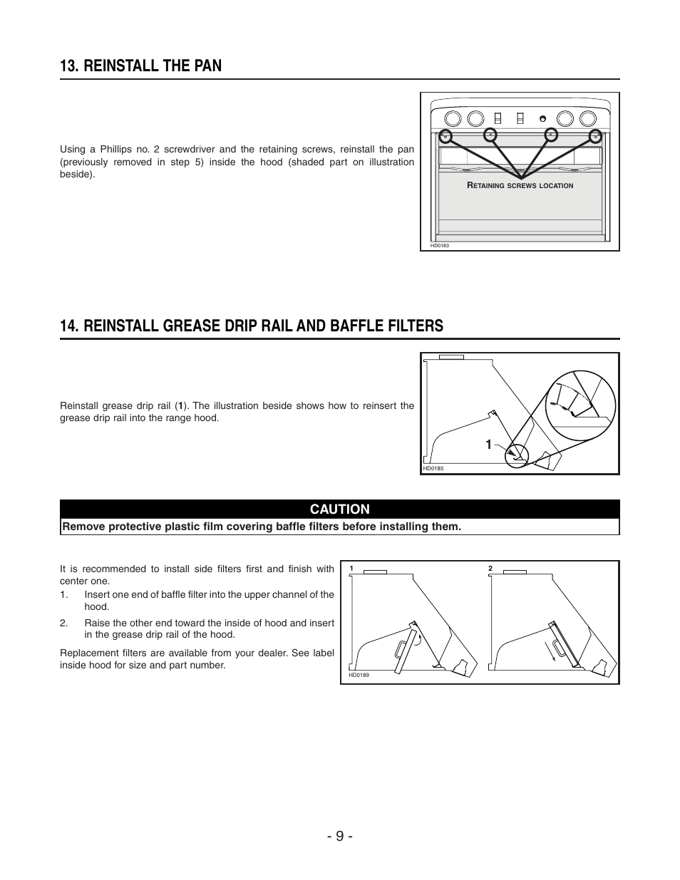 Reinstall grease drip rail and baffle filters, Reinstall the pan, Caution | Broan BEST WPD29M User Manual | Page 9 / 36