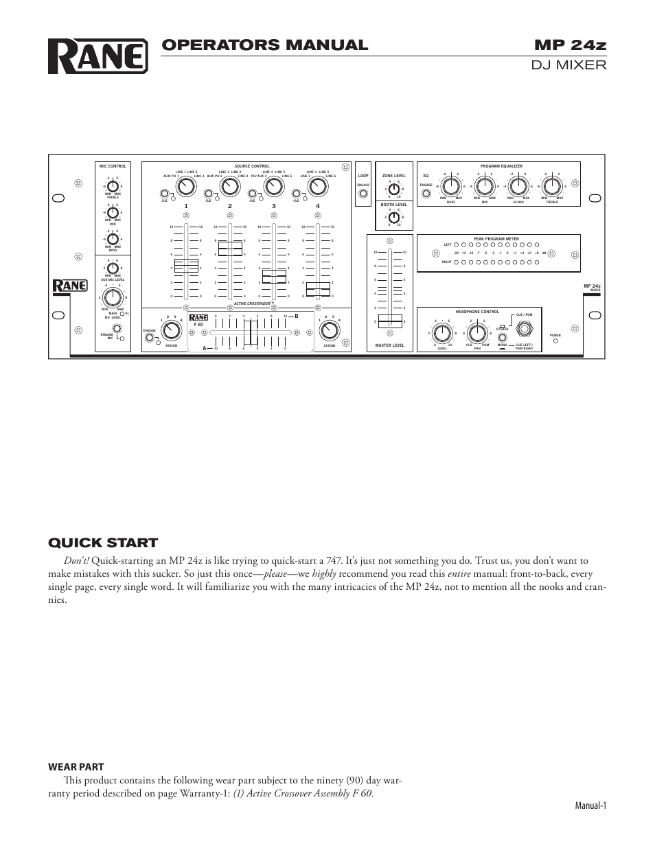 Mp 24z, Operators manual, Dj mixer | Quick start, Manual | Rane MP 24z User Manual | Page 3 / 10