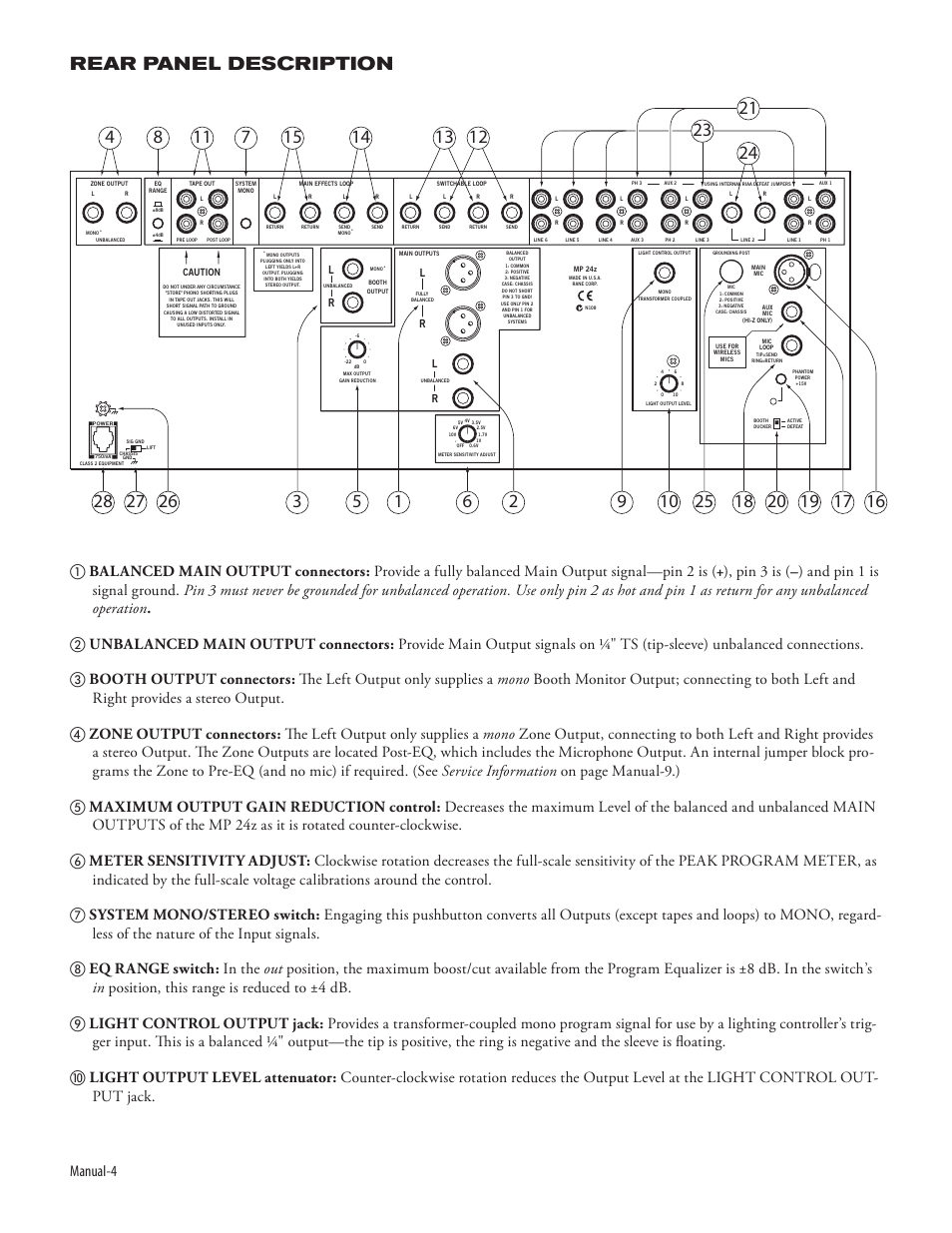 Rear panel description, Manual-4 | Rane MP 24z User Manual | Page 6 / 10