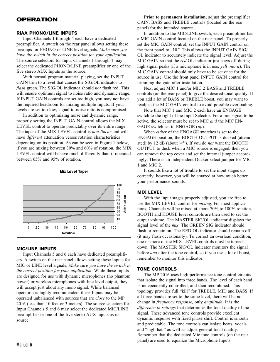 Manual-6, Operation | Rane MP 2016 User Manual | Page 6 / 8