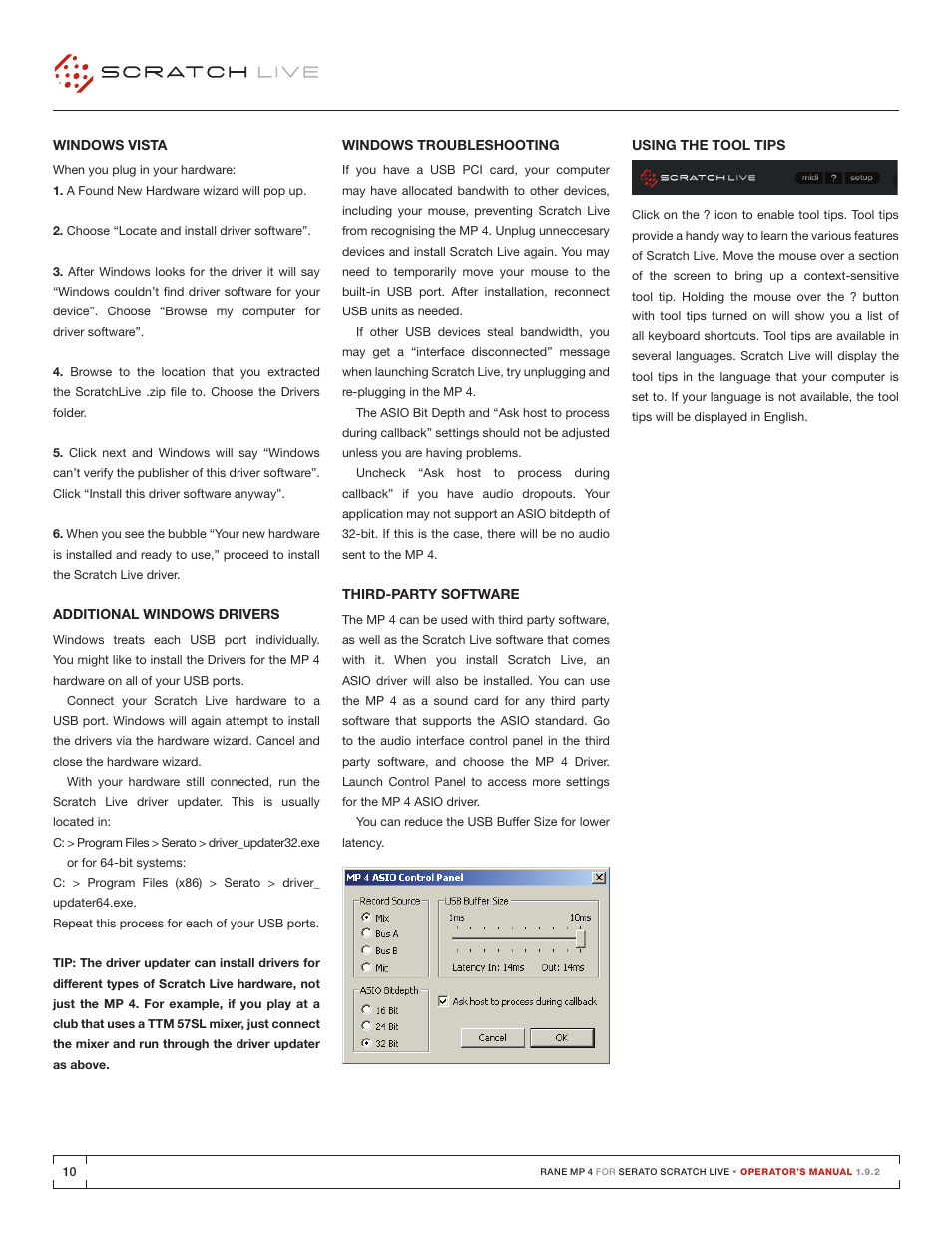 Windows vista, Additional windows drivers, Windows troubleshooting | Third-party software, Using the tool tips | Rane MP 4 Manual 1.9.2 User Manual | Page 10 / 32