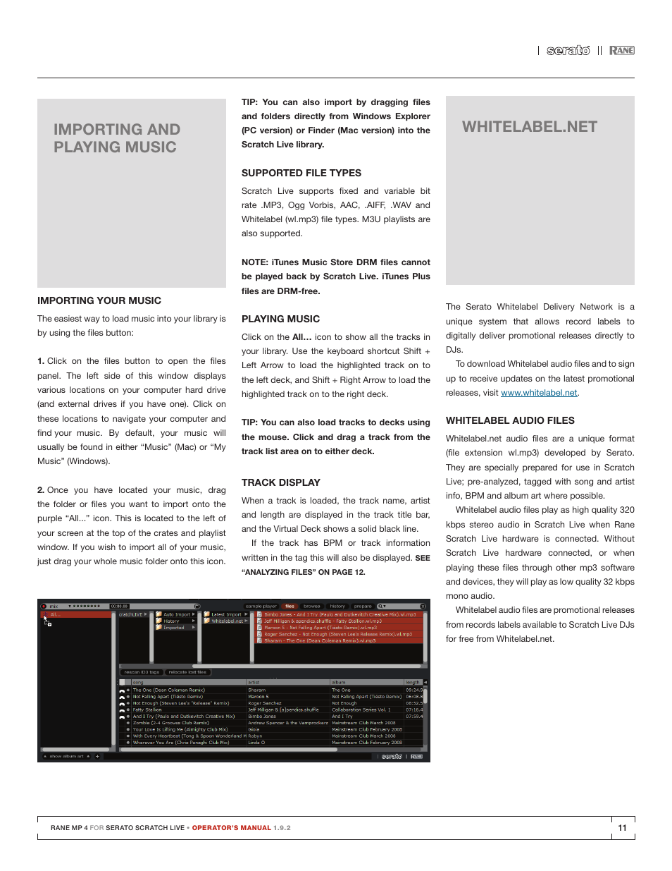 Importing and playing music, Importing your music, Supported file types | Playing music, Track display, Importing and playing music 11 | Rane MP 4 Manual 1.9.2 User Manual | Page 11 / 32