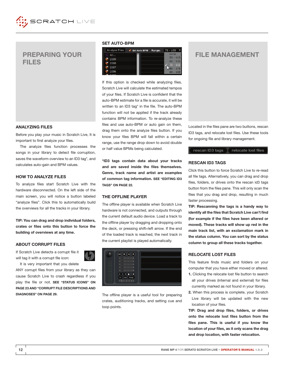 Preparing your files, Analyzing files, How to analyze files | About corrupt files, Set auto-bpm, The offline player, File management, Rescan id3 tags, Relocate lost files | Rane MP 4 Manual 1.9.2 User Manual | Page 12 / 32