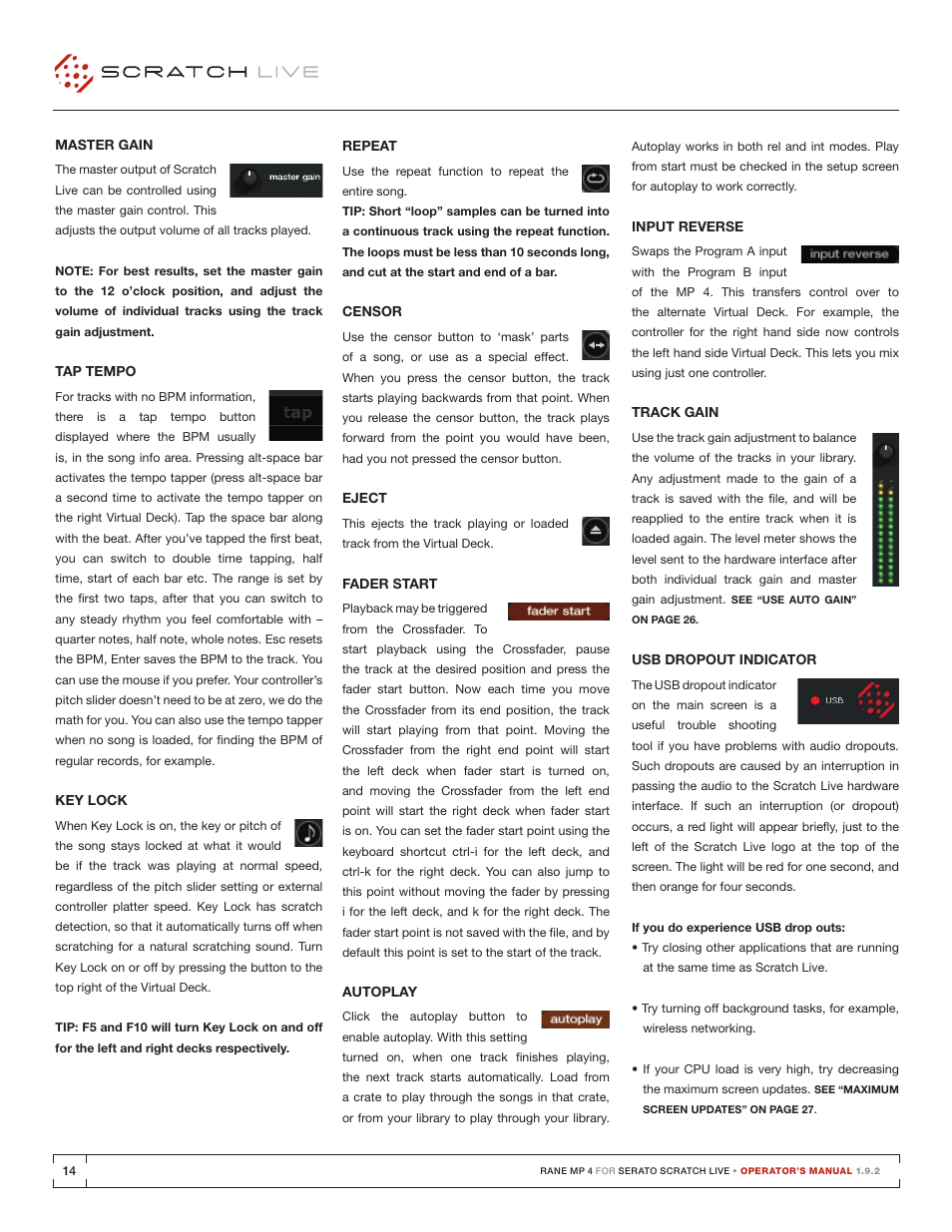 Master gain, Tap tempo, Key lock | Repeat, Censor, Eject, Fader start, Autoplay, Input reverse, Track gain | Rane MP 4 Manual 1.9.2 User Manual | Page 14 / 32