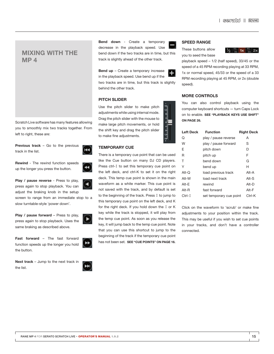 Mixing with the mp 4, Pitch slider, Temporary cue | Speed range, More controls | Rane MP 4 Manual 1.9.2 User Manual | Page 15 / 32