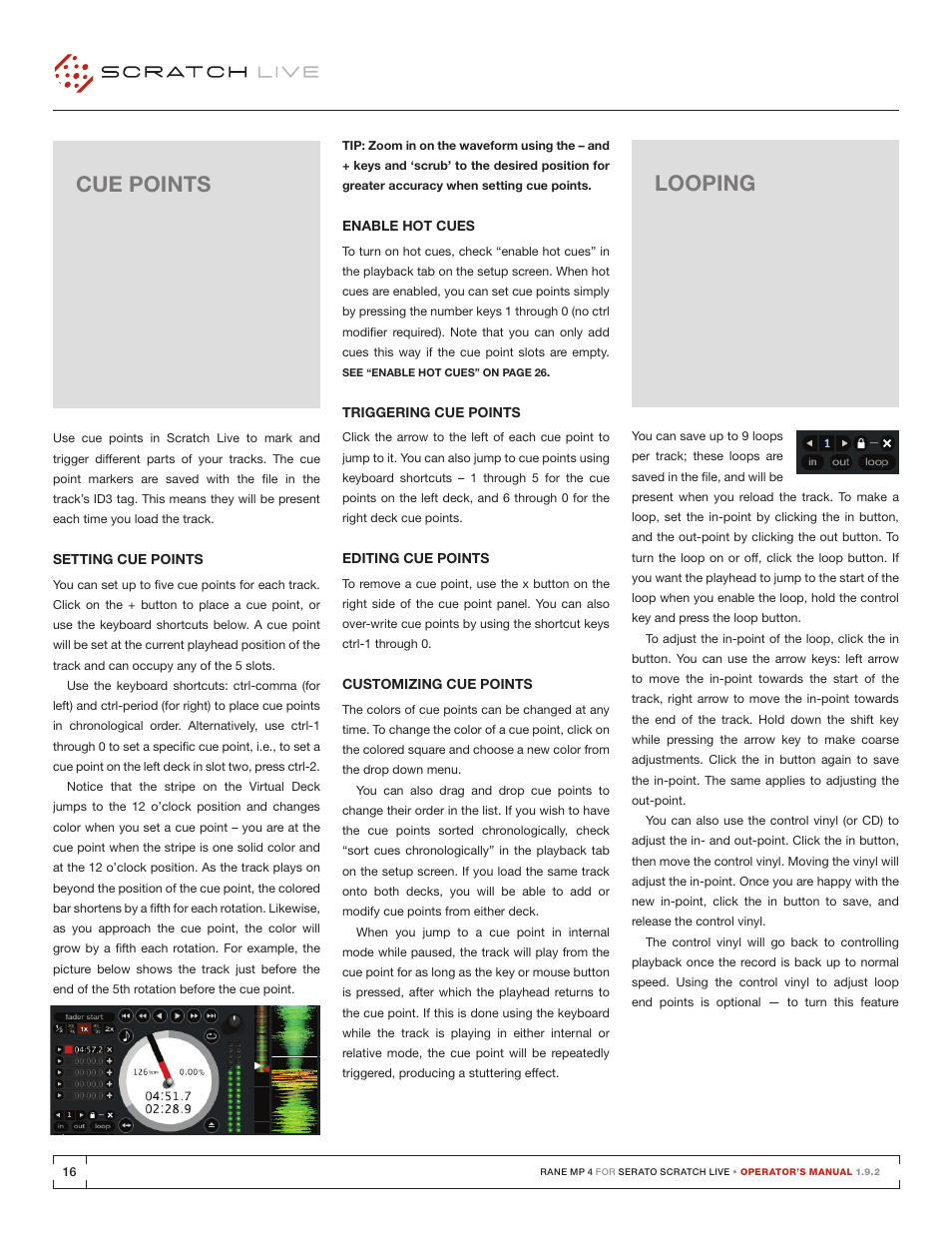 Cue points, Setting cue points, Enable hot cues | Triggering cue points, Editing cue points, Customizing cue points, Looping, Looping 16 | Rane MP 4 Manual 1.9.2 User Manual | Page 16 / 32