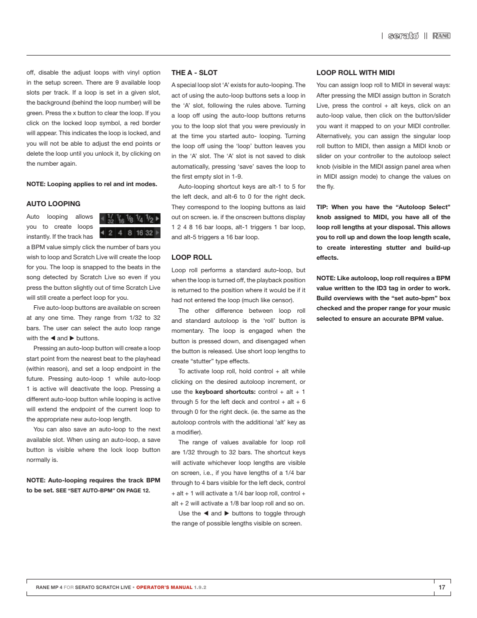 Auto looping, The a - slot, Loop roll | Loop roll with midi | Rane MP 4 Manual 1.9.2 User Manual | Page 17 / 32