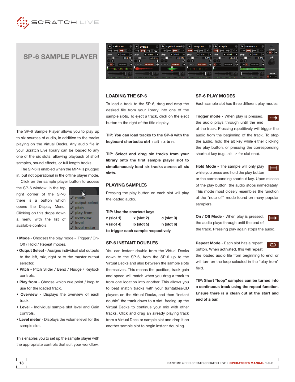 Sp-6 sample player, Loading the sp-6, Playing samples | Sp-6 instant doubles, Sp-6 play modes | Rane MP 4 Manual 1.9.2 User Manual | Page 18 / 32