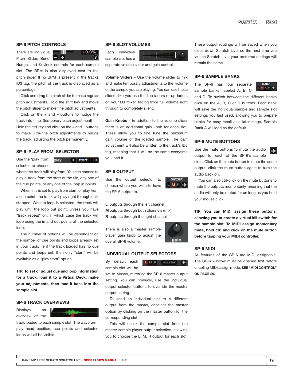 Sp-6 pitch controls, Sp-6 ‘play from’ selector, Sp-6 track overviews | Sp-6 slot volumes, Sp-6 midi, Sp-6 sample bank | Rane MP 4 Manual 1.9.2 User Manual | Page 19 / 32