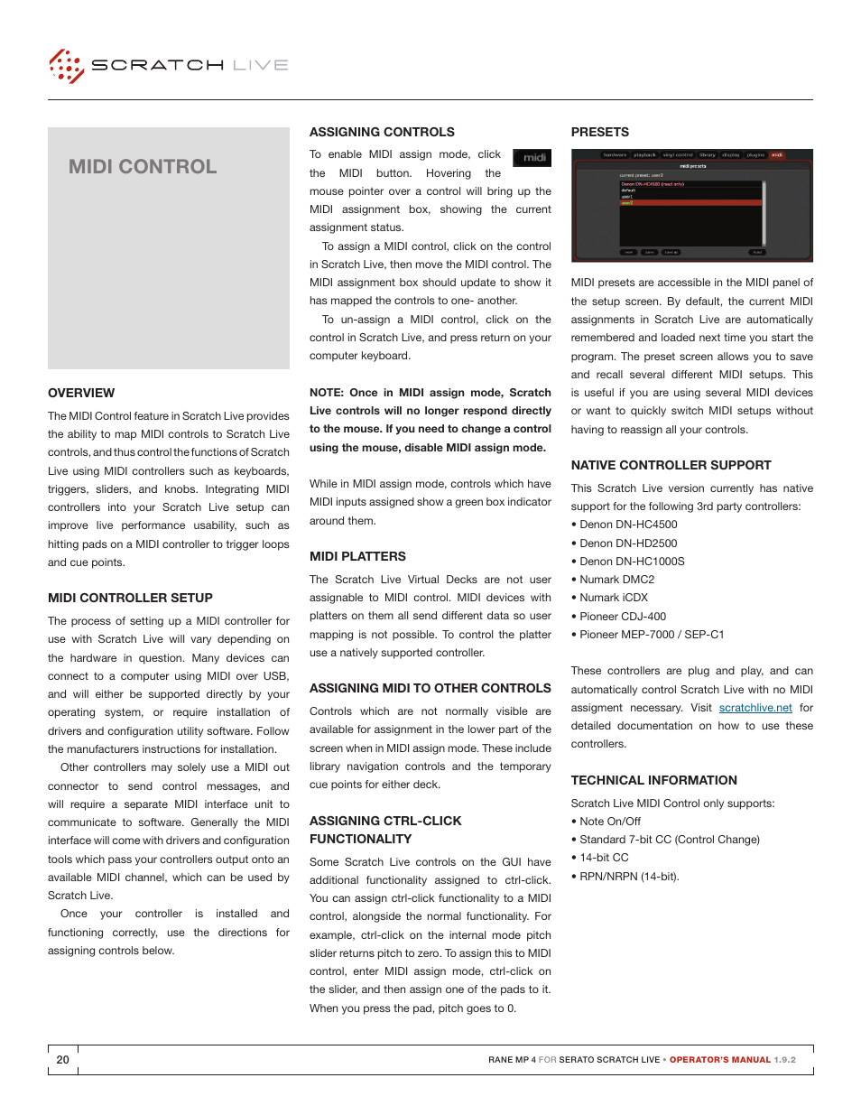 Midi control, Overview, Midi controller setup | Assigning controls, Midi platters, Assigning midi to other controls, Assigning ctrl-click functionality, Presets, Native controller support, Technical information | Rane MP 4 Manual 1.9.2 User Manual | Page 20 / 32