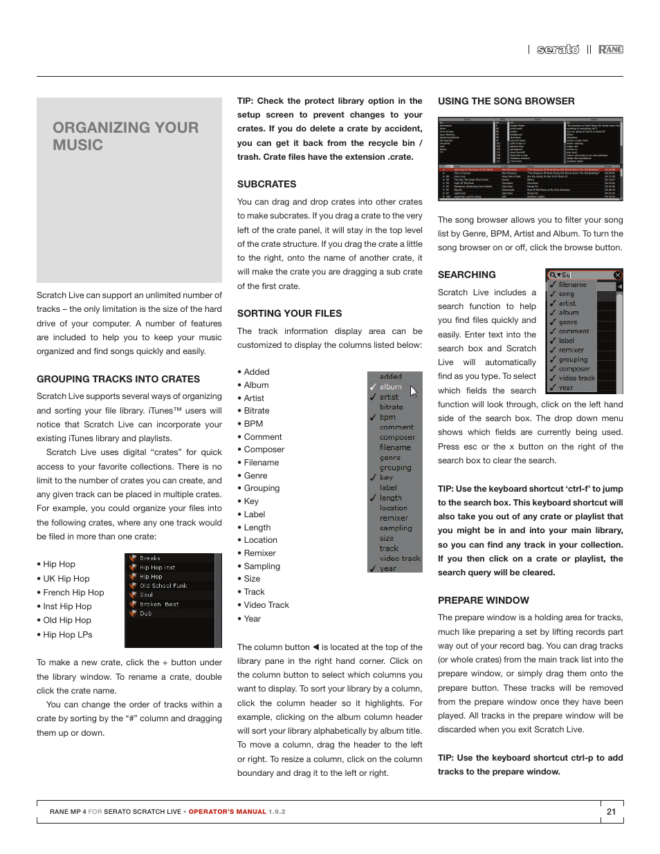 Organizing your music, Grouping tracks into crates, Subcrates | Sorting your files, Using the song browser, Searching, Prepare window, Subcrates 21 sorting your files, Searching 21 prepare window | Rane MP 4 Manual 1.9.2 User Manual | Page 21 / 32