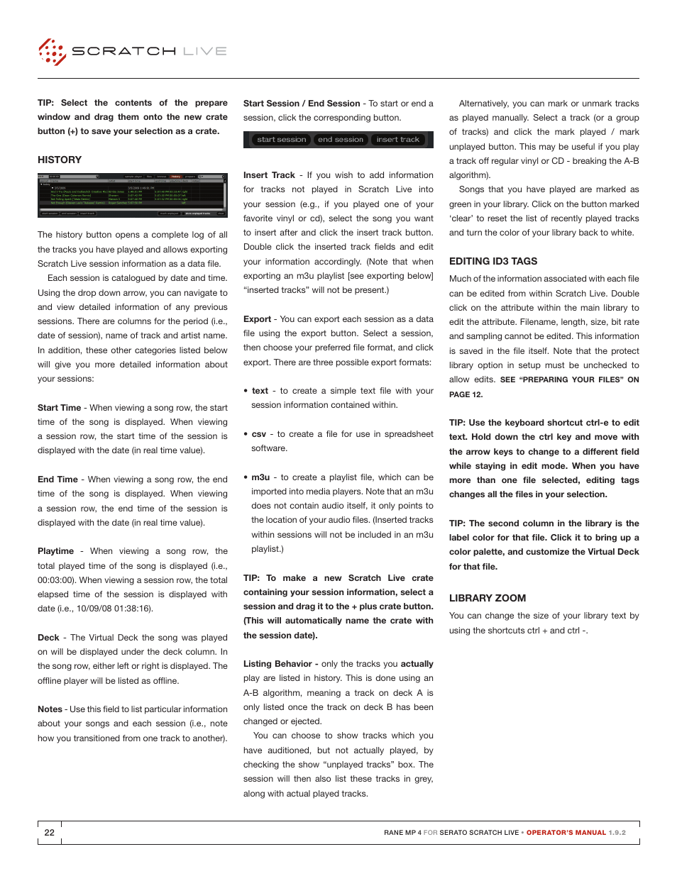 History, Editing id3 tags, Library zoom | History 22 editing id3 tags, Editing id3 | Rane MP 4 Manual 1.9.2 User Manual | Page 22 / 32