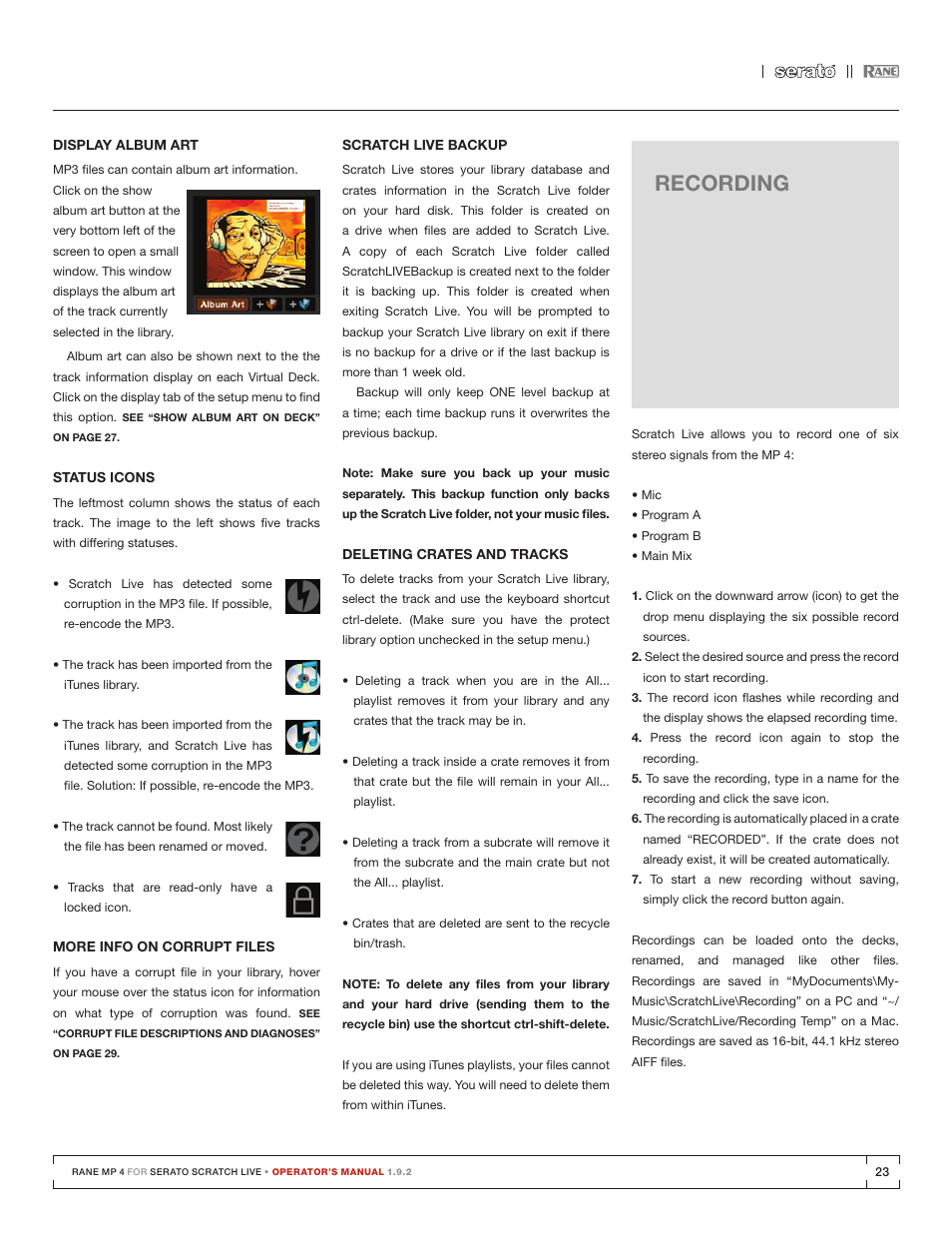 Display album art, Status icons, More info on corrupt files | Scratch live backup, Deleting crates and tracks, Recording, Recording 23, Status icons” on | Rane MP 4 Manual 1.9.2 User Manual | Page 23 / 32